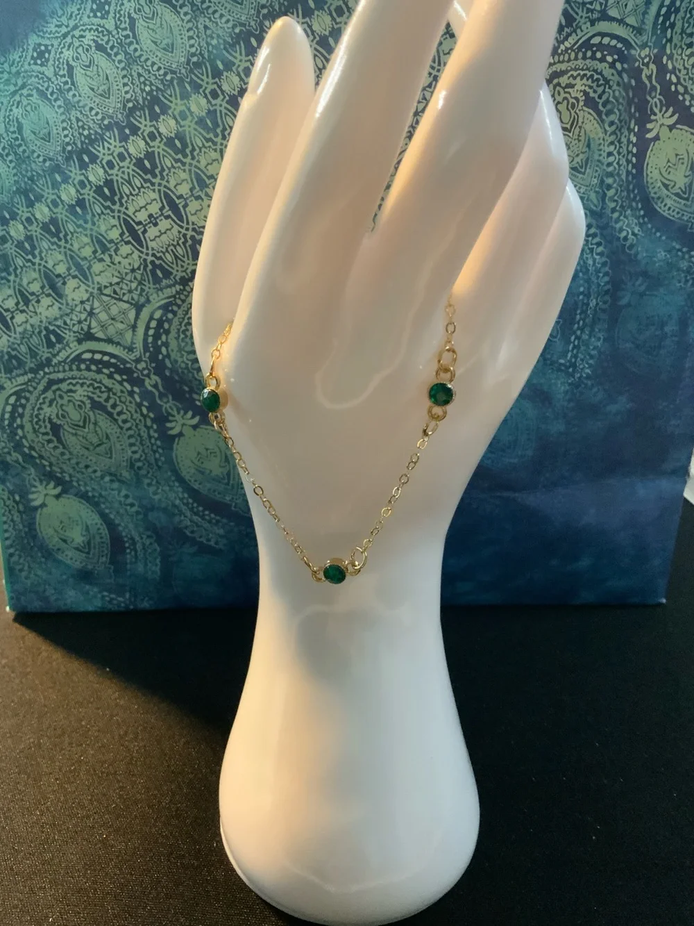 Gold Tone Chain Bracelet with Green Gem Accents